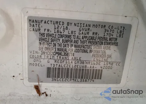 2019 Nissan Versa Note S z USA, uszkodzony, nr VIN 3N1CE2CP9KL358774